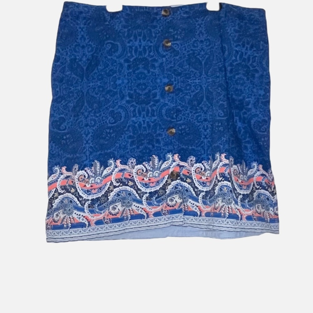 LANDS END Paisley Blue Cotton Spandex Blend Button Front Skirt Women’s Size 18W
